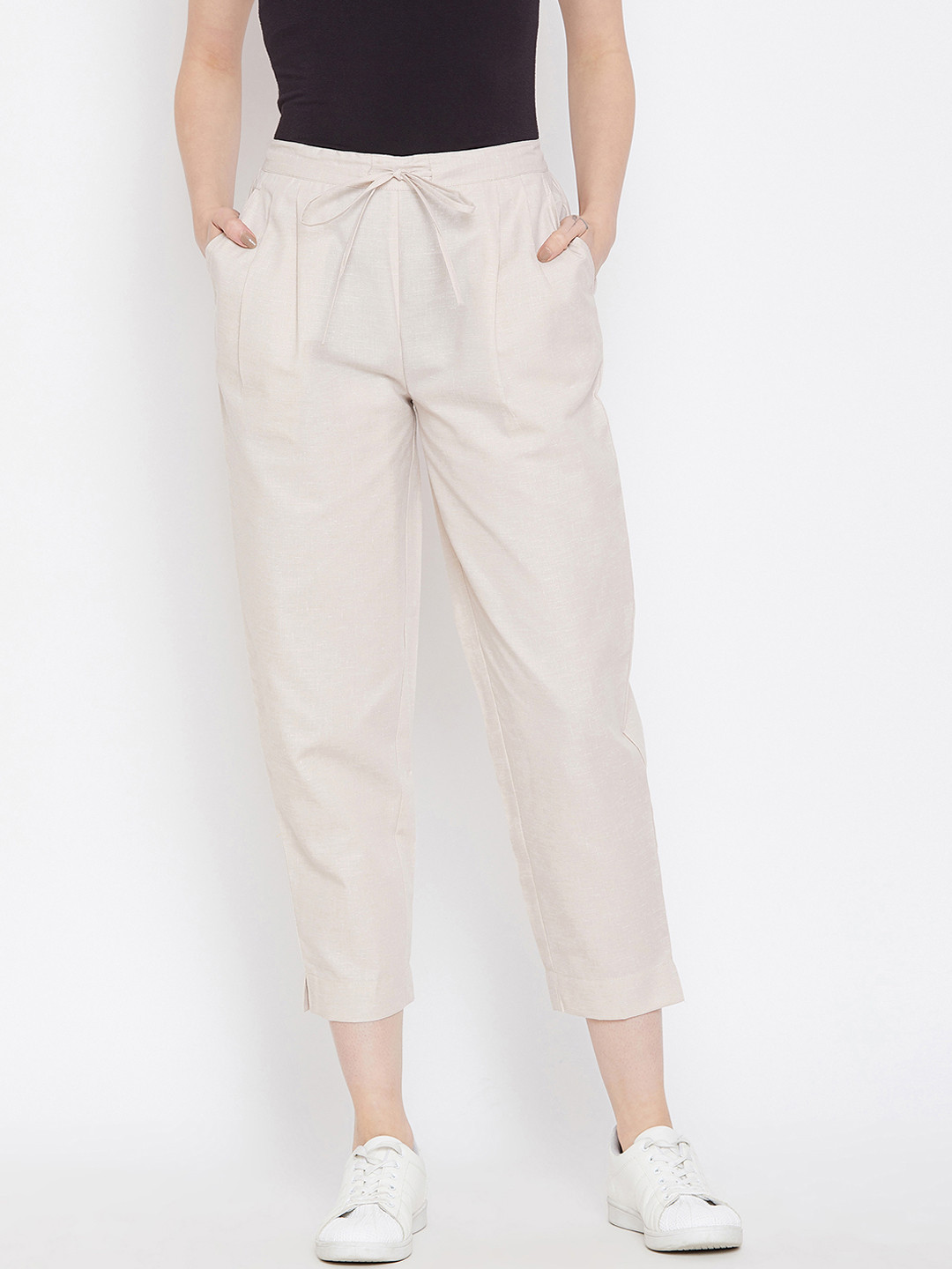Bitterlime Women Beige Relaxed Regular Fit Self Design Cropped Peg Trousers