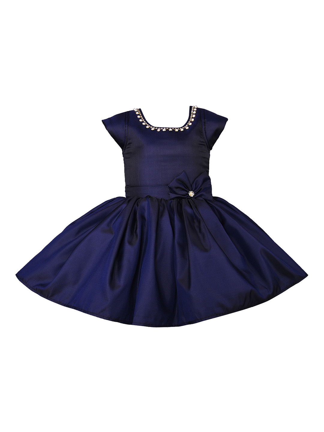 Wish Karo Girls Navy Blue Solid Silk Fit and Flare Dress