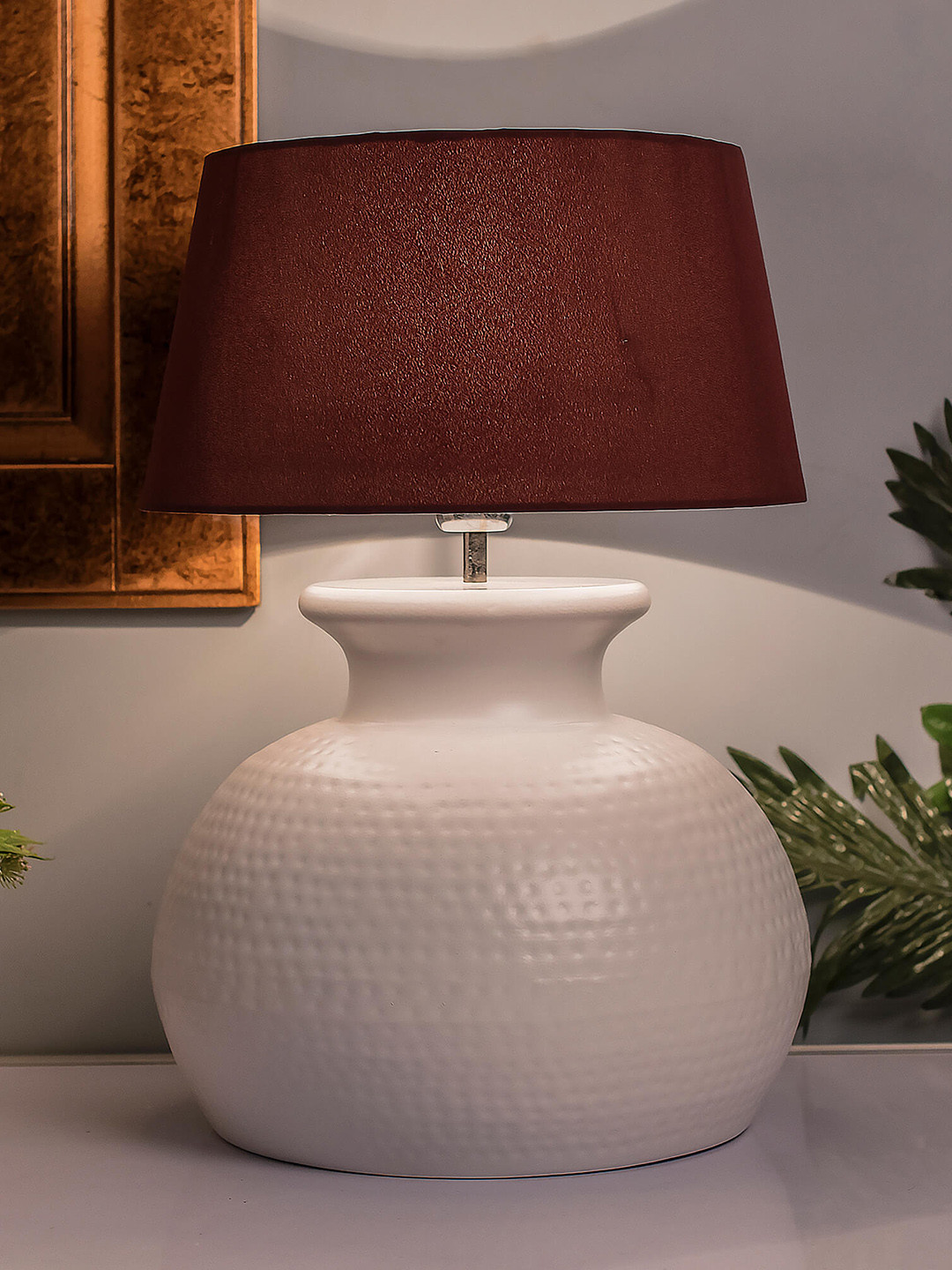 Homesake White & Red Solid Bedside Standard Table Lamp with Shade
