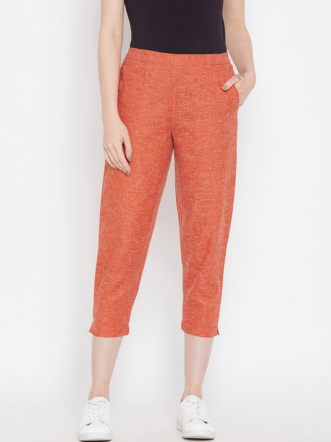 Bitterlime Women Rust Relaxed Regular Fit Self Design Cigarette Trousers