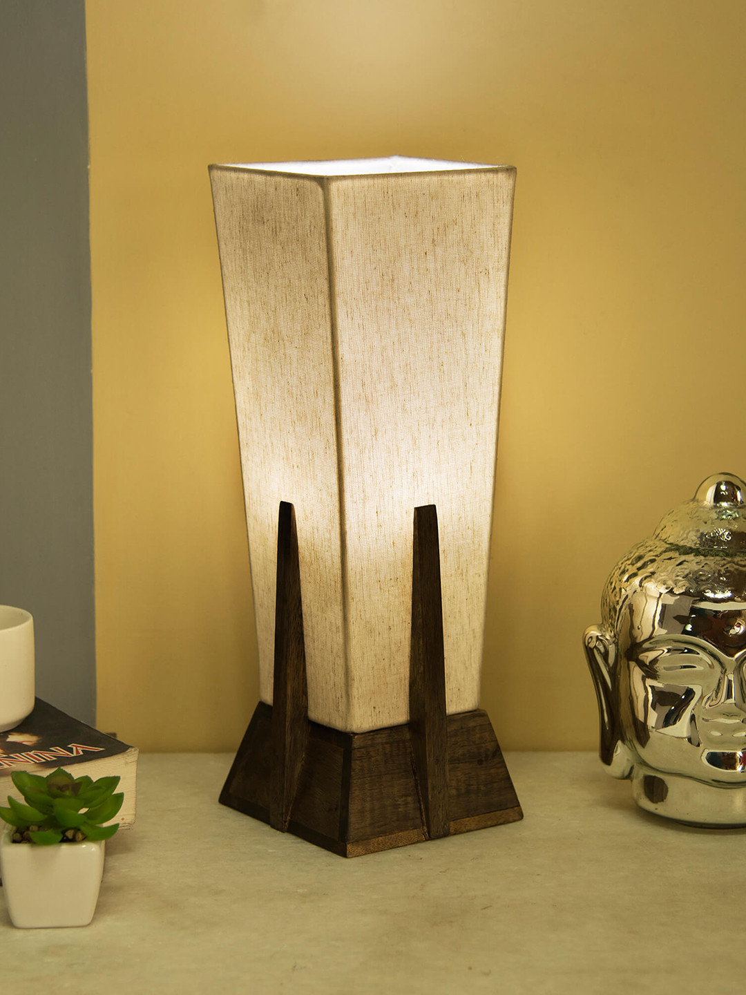 Homesake Black & Beige Solid Handcrafted Column Lamp with Shade