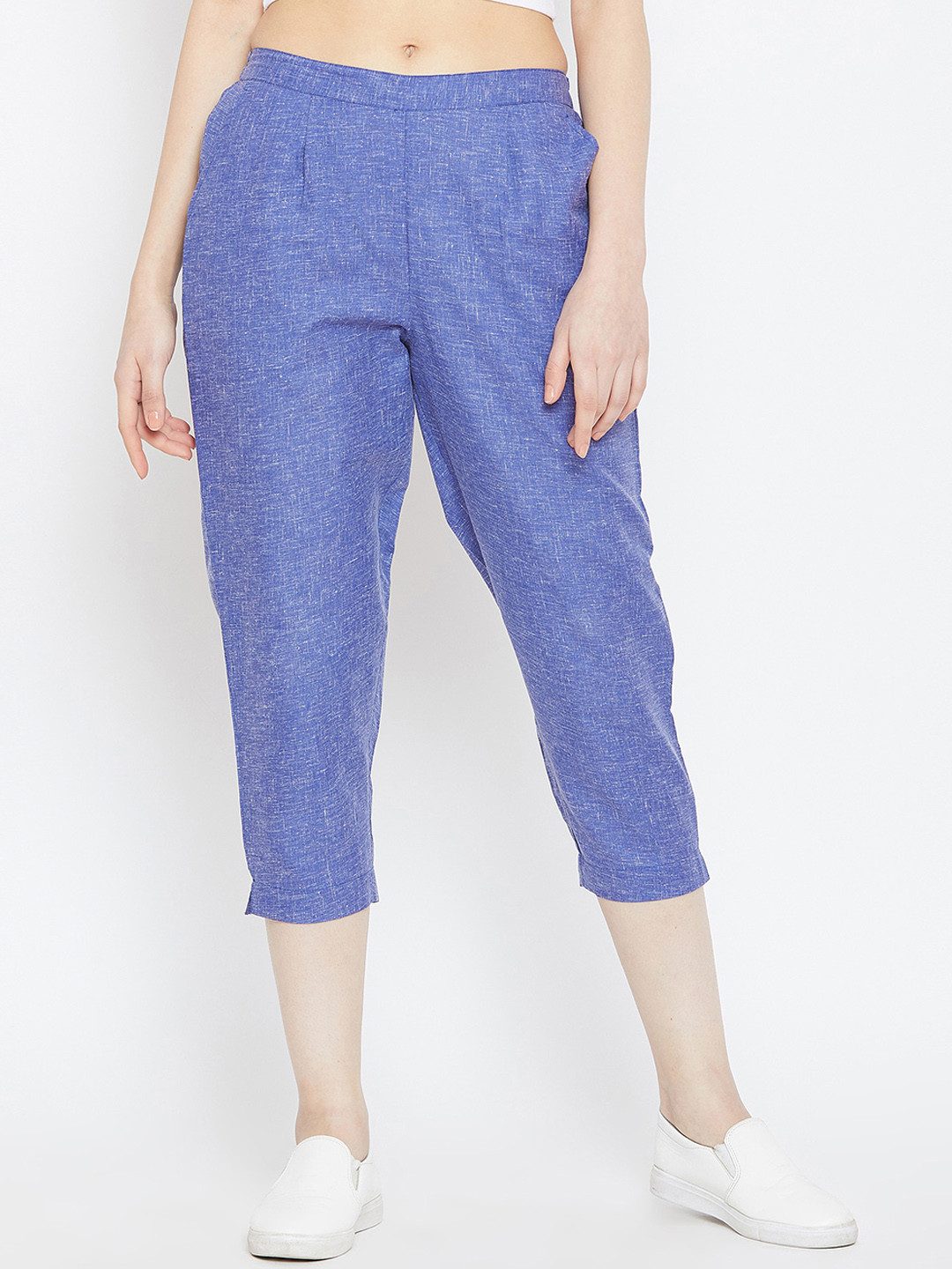 Bitterlime Women Blue Relaxed Regular Fit Self Design Cigarette Trousers