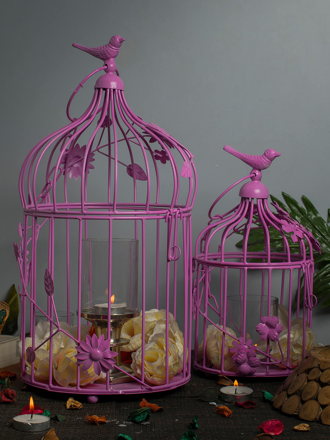 Homesake Bird Cage with Floral Vine Pink Iron Metallic Garden Set of 2 Large Showpieces - 13.8 Inches