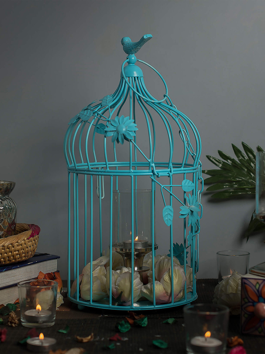 Homesake Bird Cage with Floral Metal Glossy Hanging Hall Decorative Bird Cage-17.7In