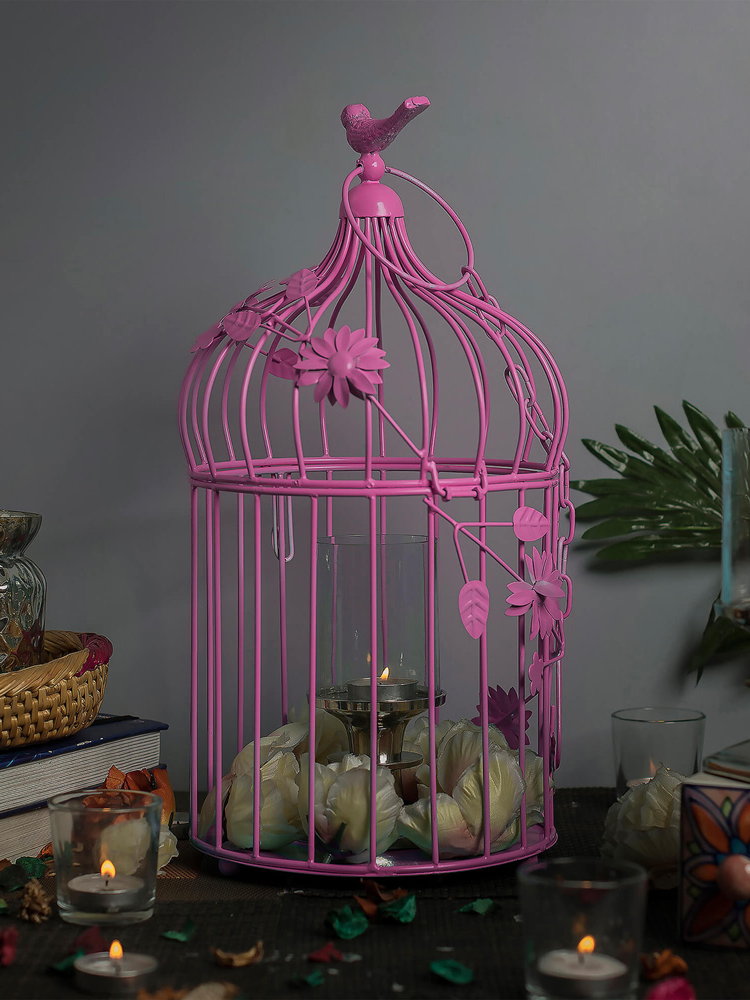 Homesake Bird Cage with Floral Metal Matte Hanging Hall Decorative Bird Cage-17.7In
