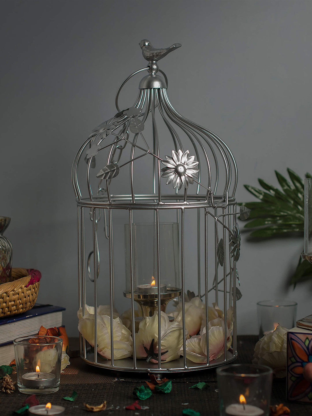 Homesake Bird Cage with Floral Vine Metal Matte Hanging Hall Decorative Bird Cage-17.7In