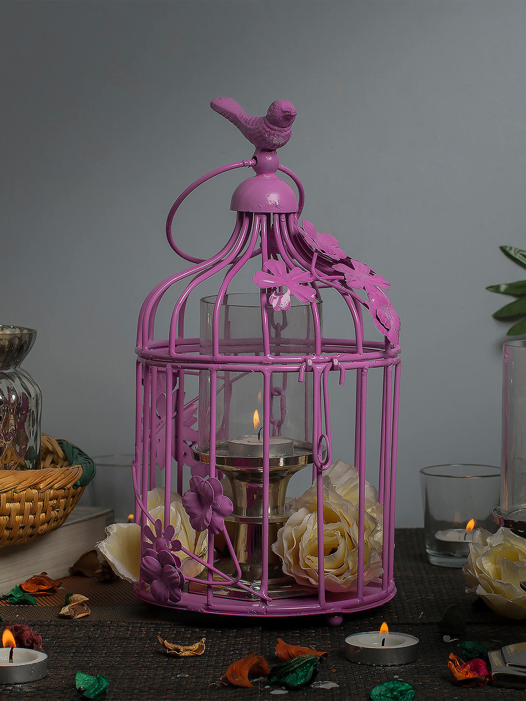 Homesake Bird Cage with Floral Vine Metal Matte Hanging Hall Decorative Bird Cage-13.8In