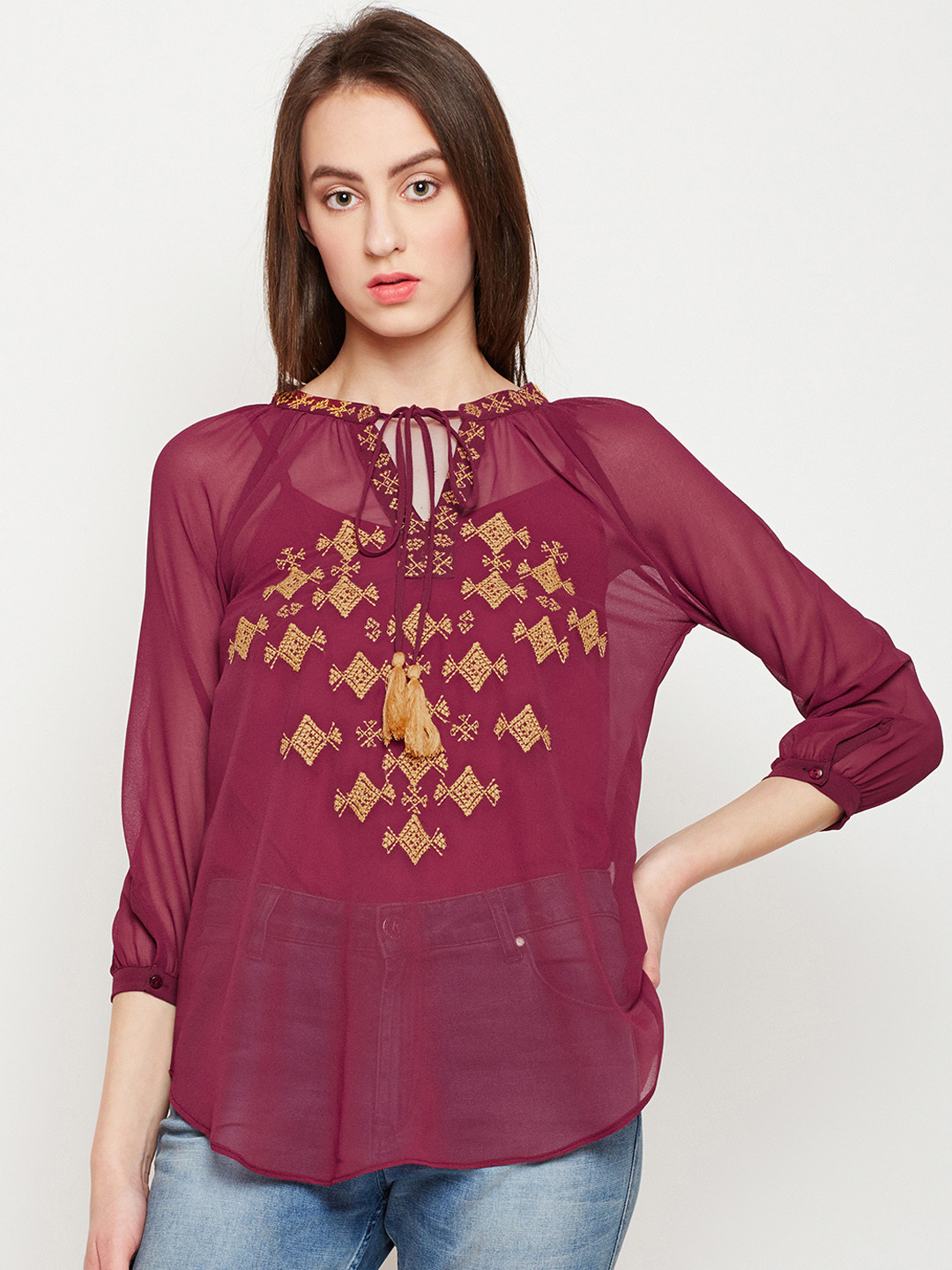 Oxolloxo Women Maroon Printed A-Line Top