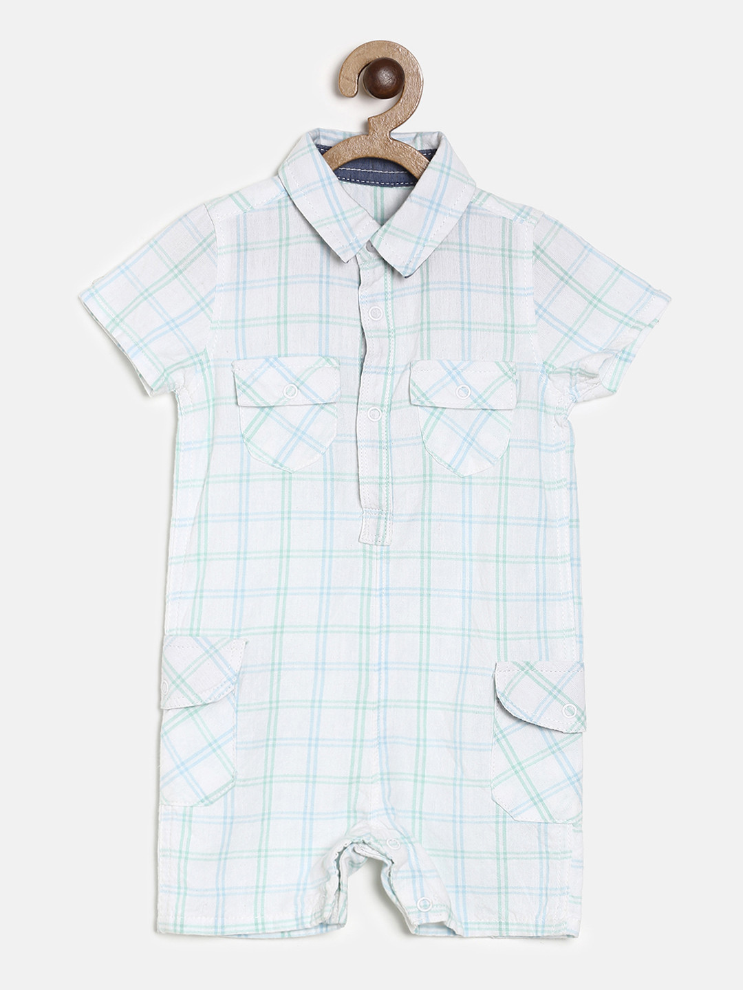 MINI KLUB Boys White & Green Printed Romper