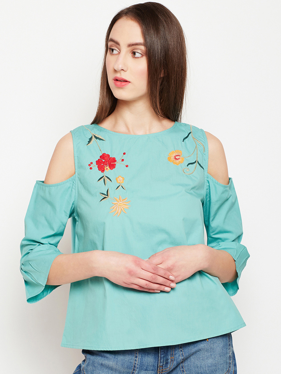 Oxolloxo Women Blue Printed Styled Back SPure Cotton Top