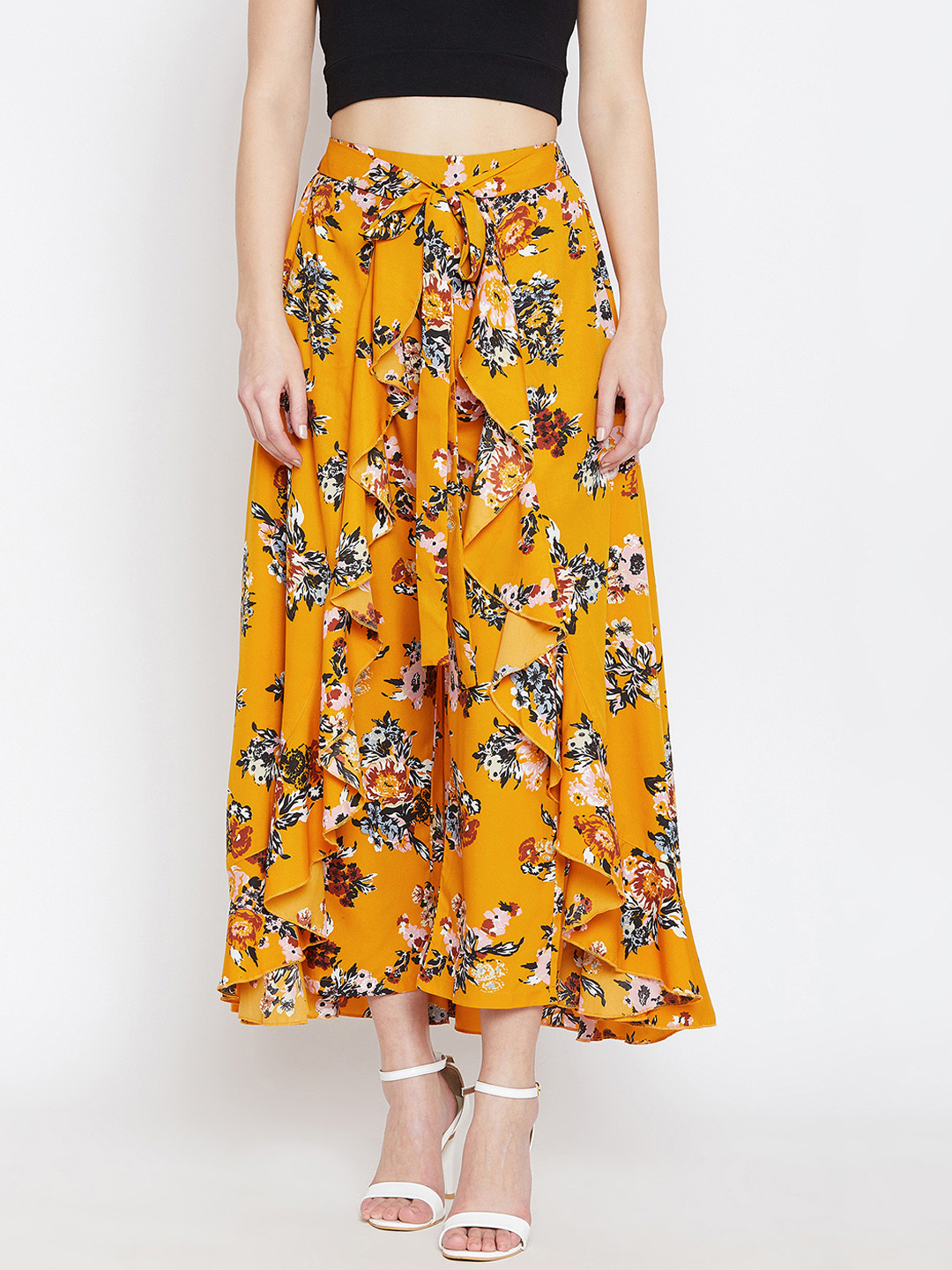 Berrylush Mustard Yellow Printed Flared Maxi Skirt