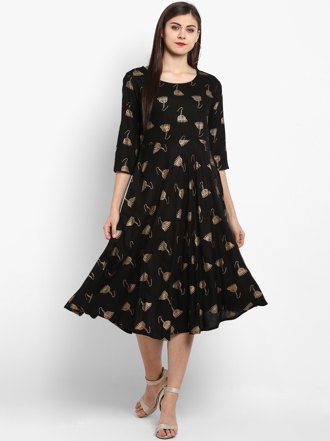 Fashion String Women Black Earrings Printed Fit And Flare Maxi Dress