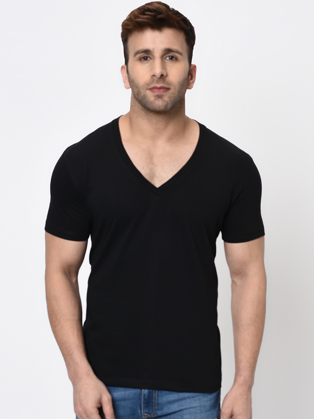 Buy WILD WEST Men Black Solid V Neck T Shirt - Tshirts for Men ...
