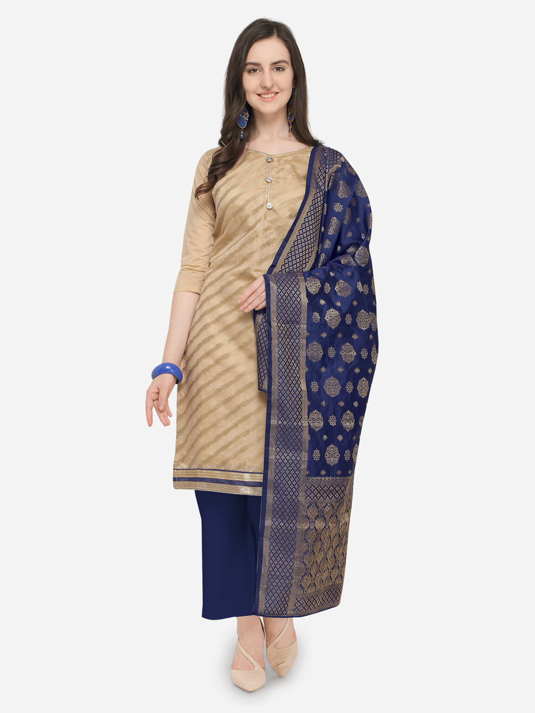 Blissta Beige & Navy Blue Silk Blend Unstitched Dress Material