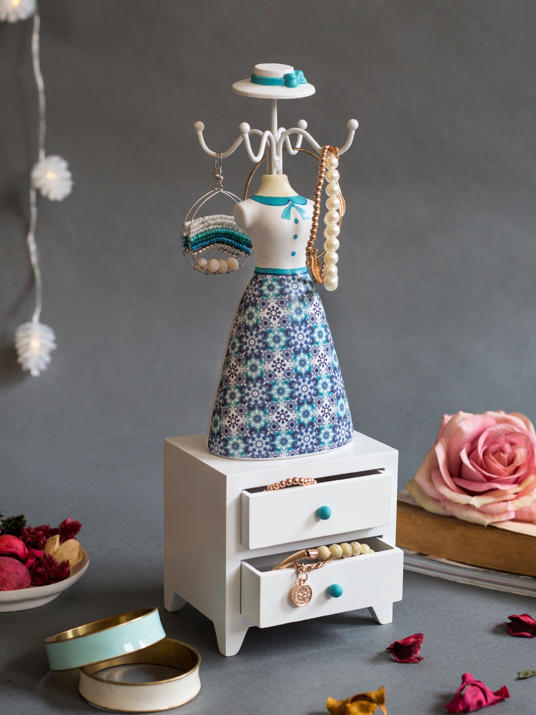 Chumbak Women Navy Blue White Posh Picnic Dress Jewellery Organiser