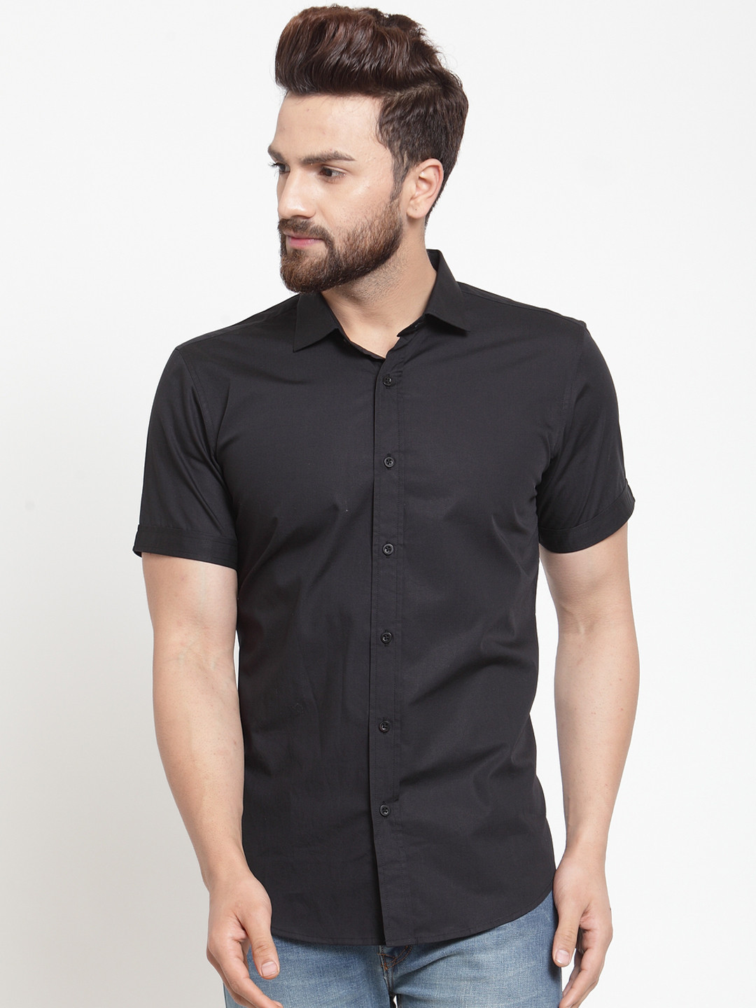 Purple State Men Black Slim Fit Solid Casual Shirt