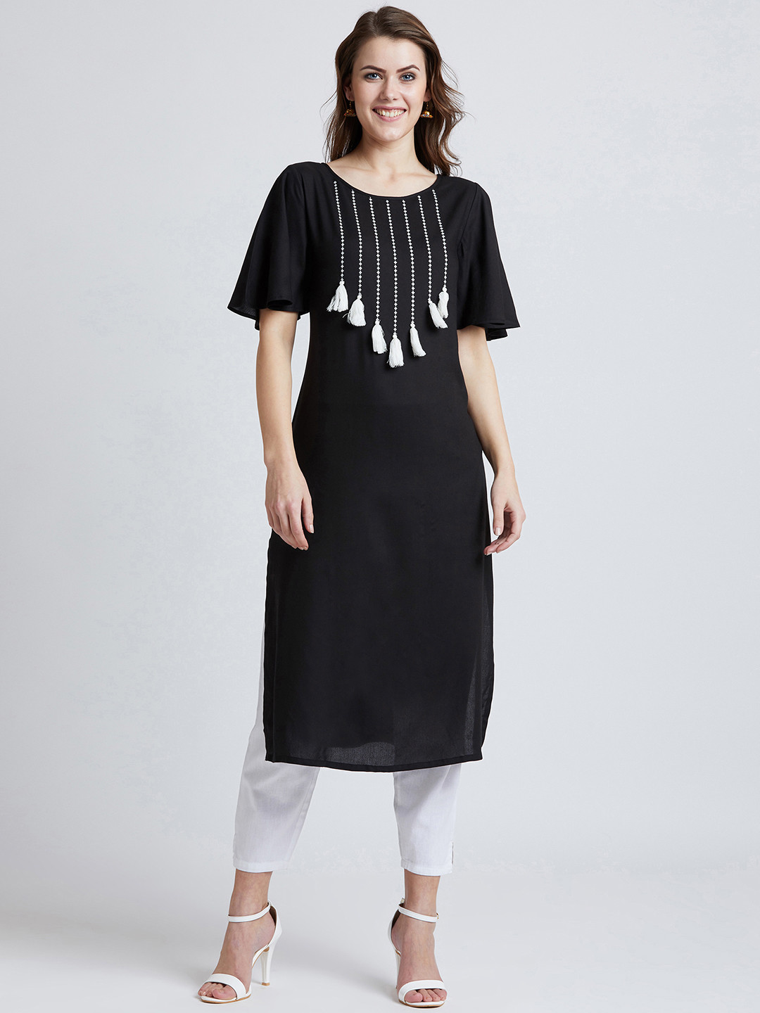 RARE ROOTS Women Black Solid Straight Kurta