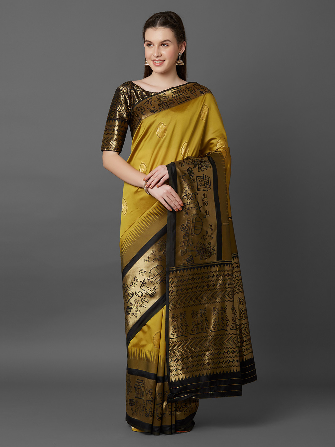 Mitera Mustard Yellow Silk Blend Solid Banarasi Saree