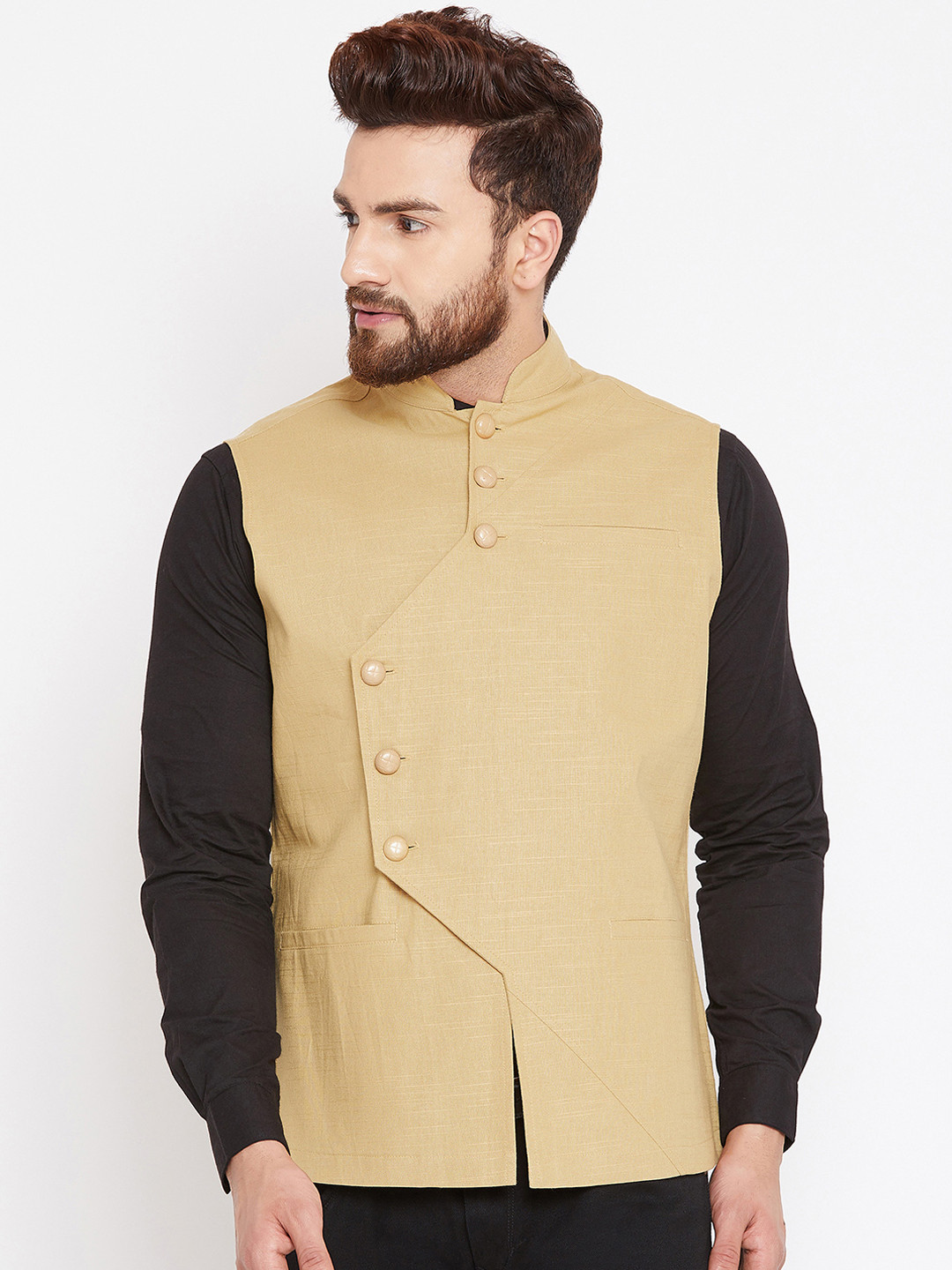 Hypernation Mens Beige Solid Woven Pure Cotton Nehru Jacket