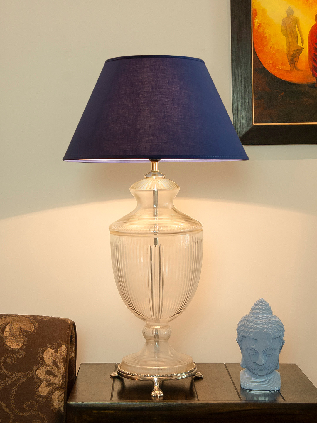 THE LIGHT STORE Blue Self Design Bedside Standard Table Lamp with Shade