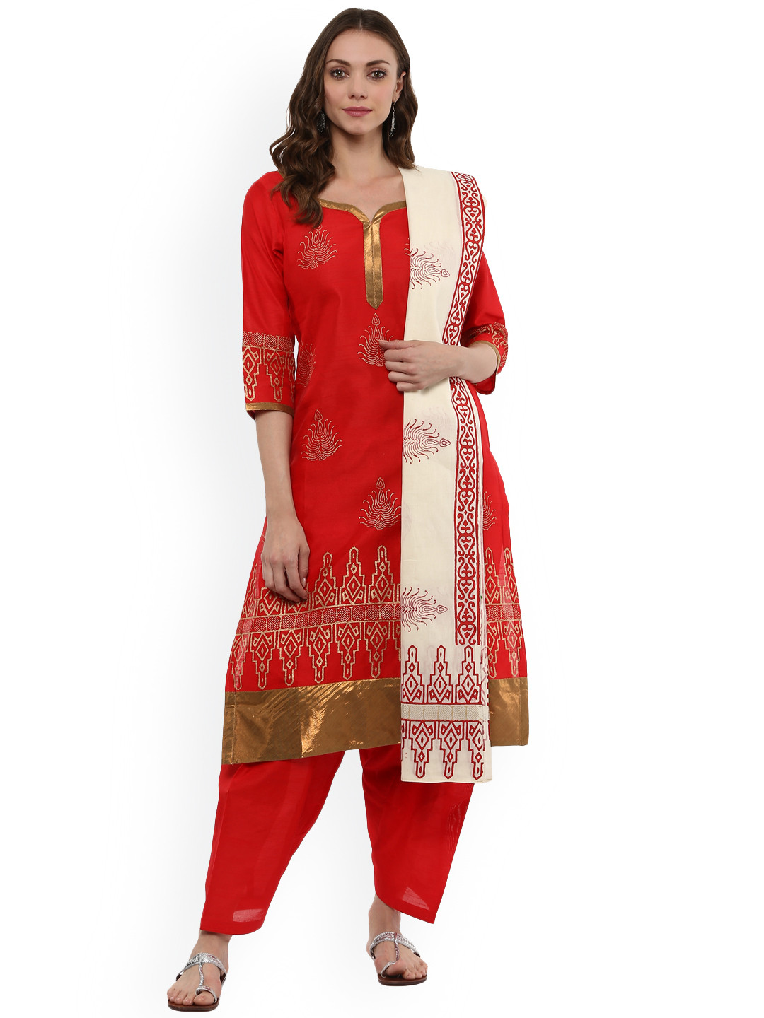 MBE Women Red Block Print Kurta with Salwar & Dupatta