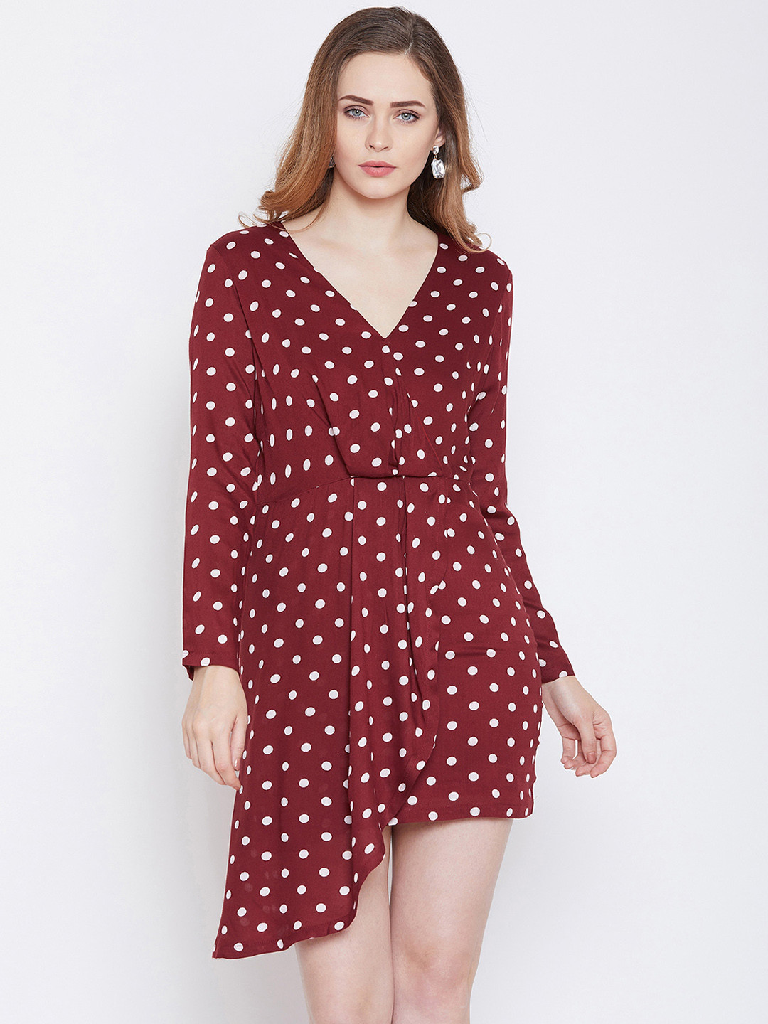Zastraa Women Maroon Polka Dot Bodycon Dress