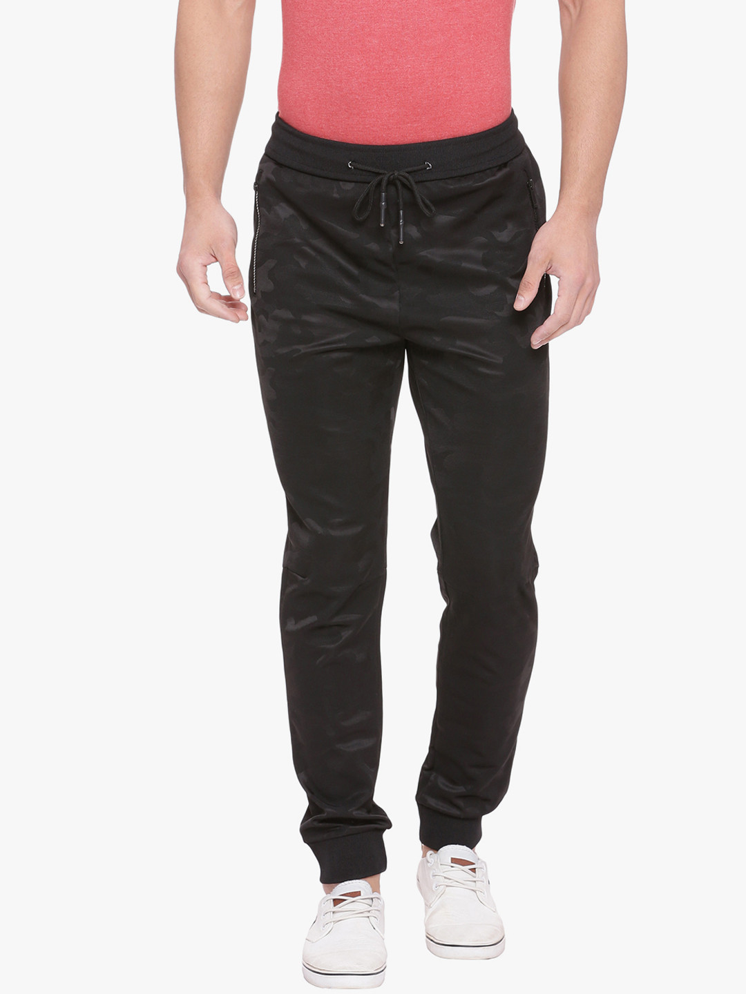 Basics Men Black Camouflage Self-Design Slim-Fit Joggers