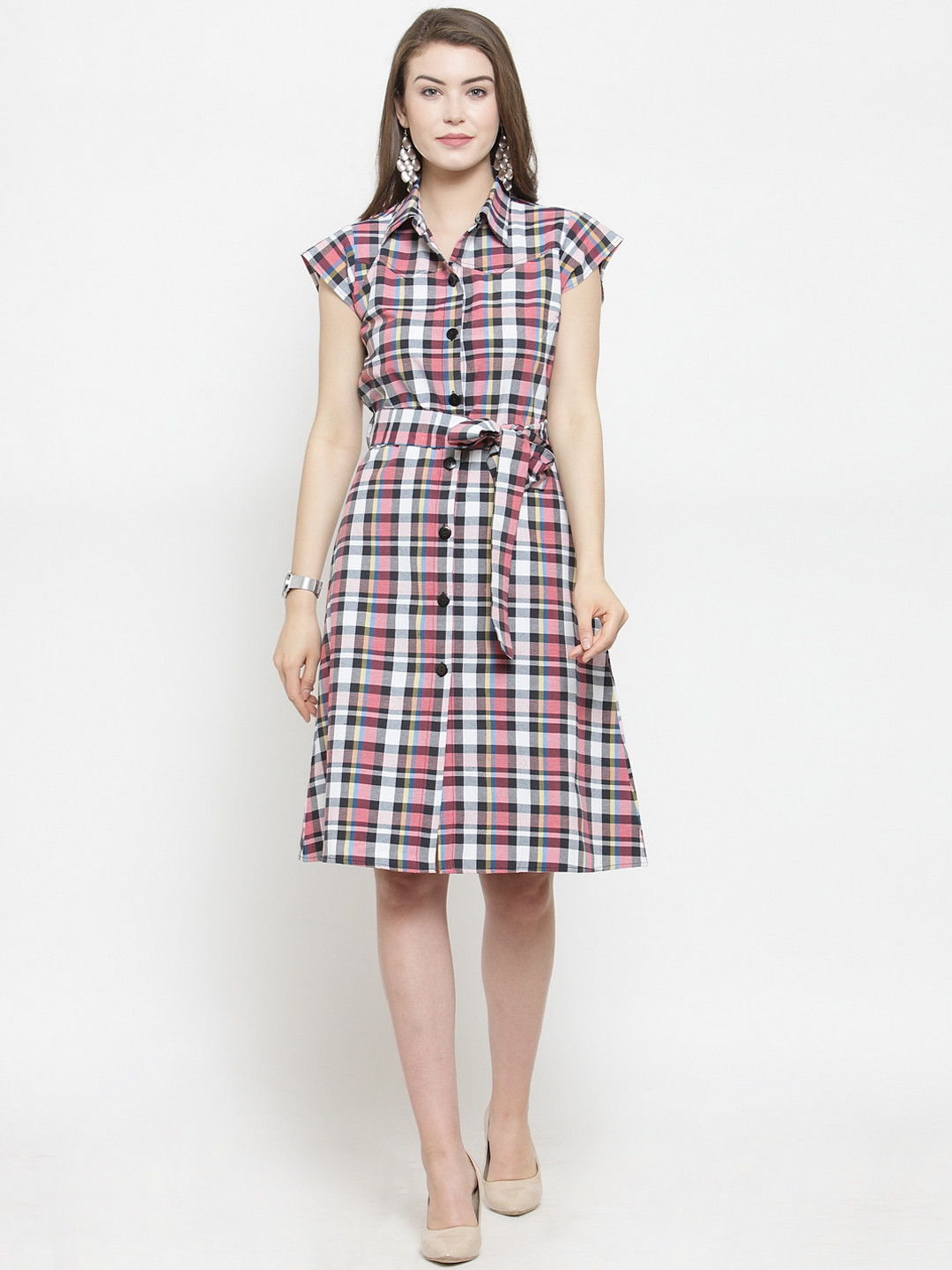 WESTCLO Women White & Pink Checked Shirt Dress