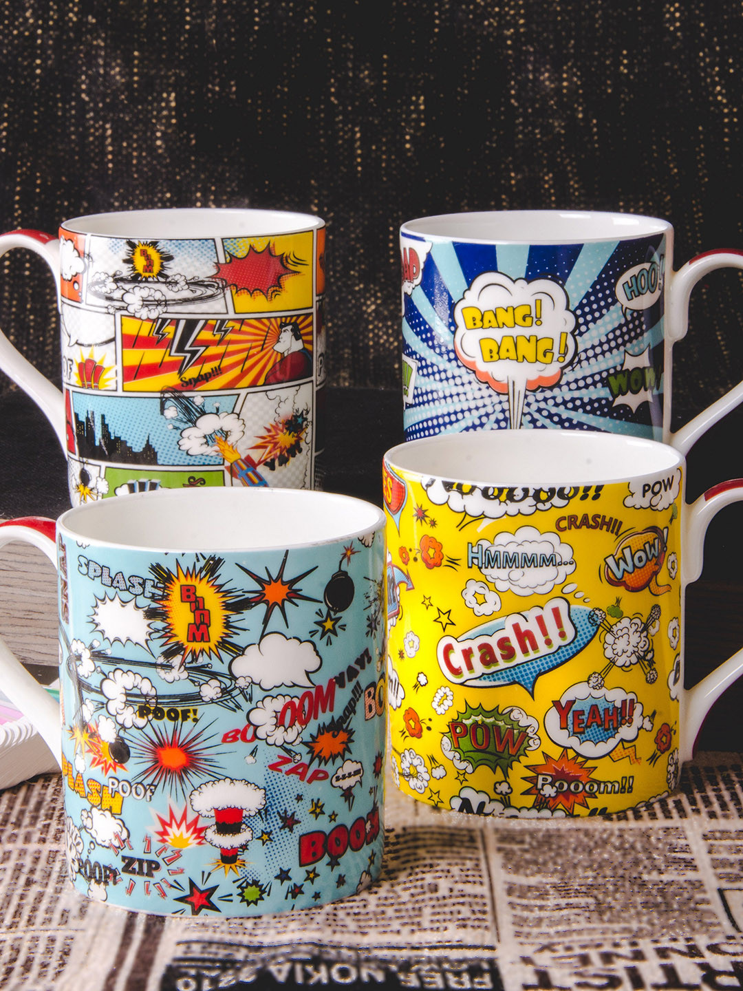 GOODHOMES Light Beam Multicoloured Typography Bone China Microwave Safe 4 Piece Mug-325ml