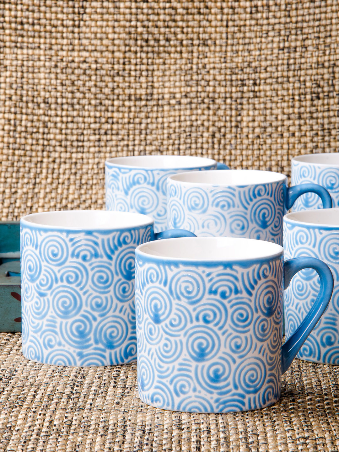 GOODHOMES Blue & White 5-Pieces Printed Bone China Cups Set
