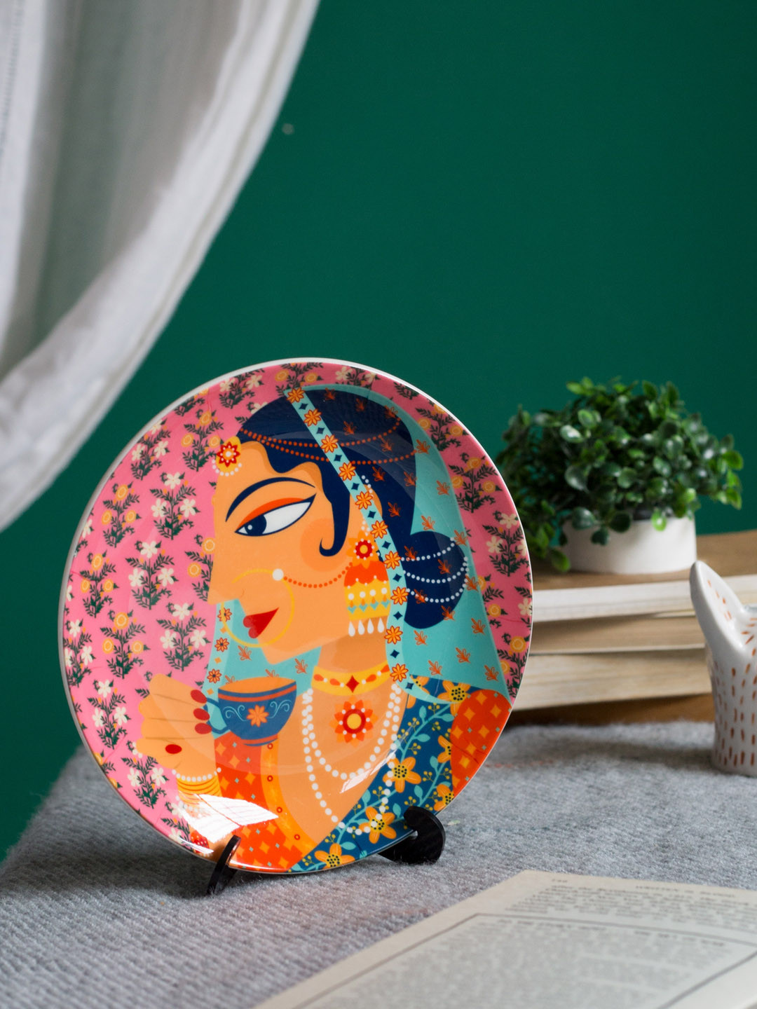 Chumbak Regally Romantic Bone China Ethnic Motifs Glossy Hanging Hall Wall Plates-7.5In