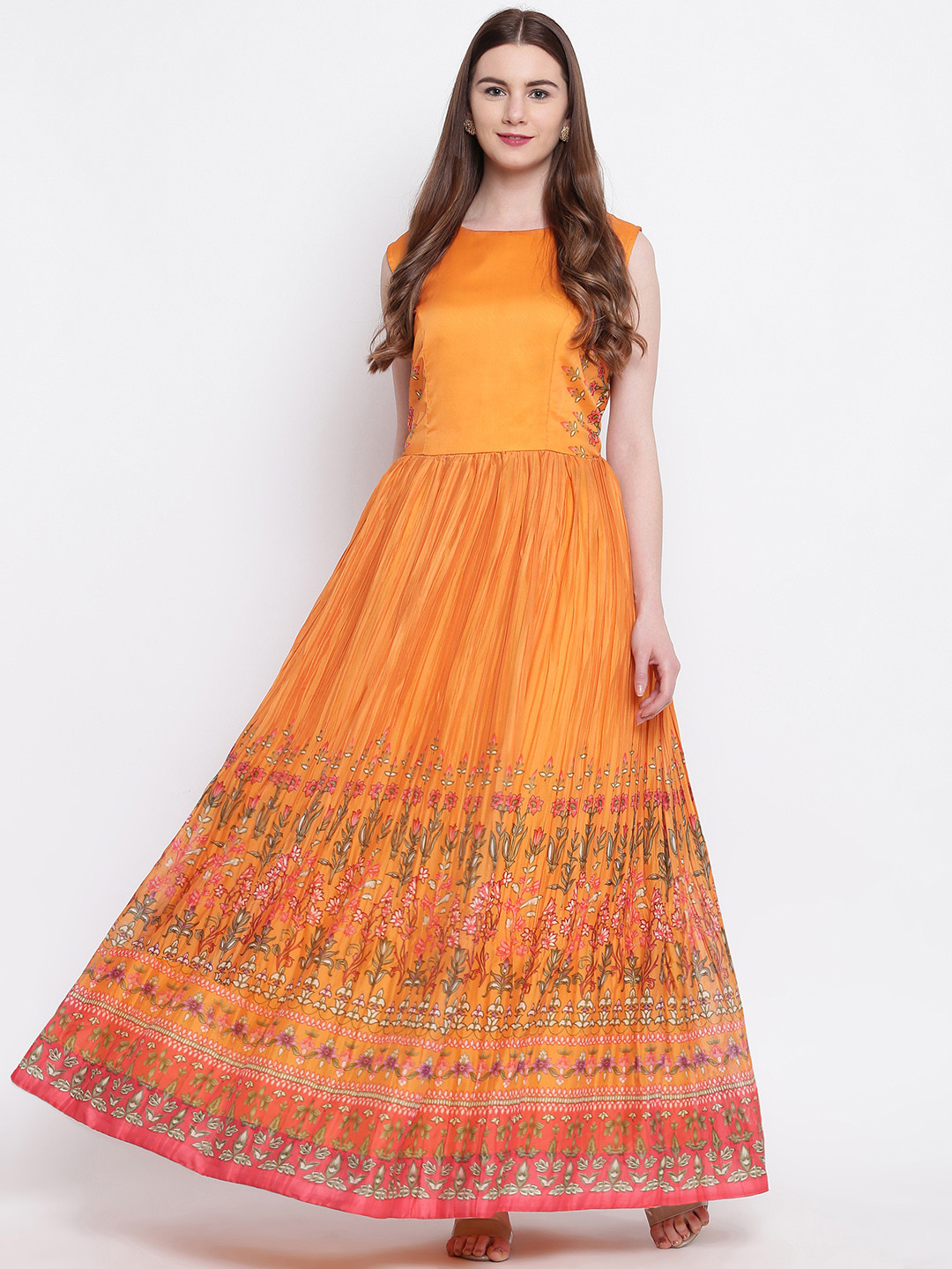 Kvsfab Women Mustard Yellow Printed  Silk Maxi Dress