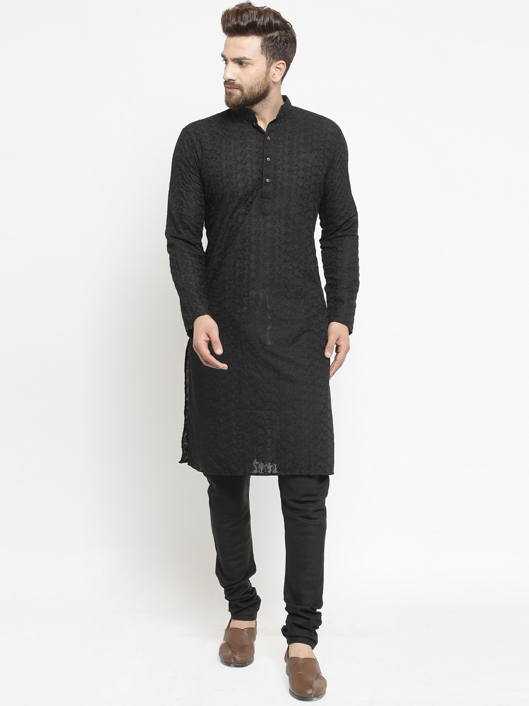 TREEMODA Men Black Linen Chikankari Embroidered Kurta