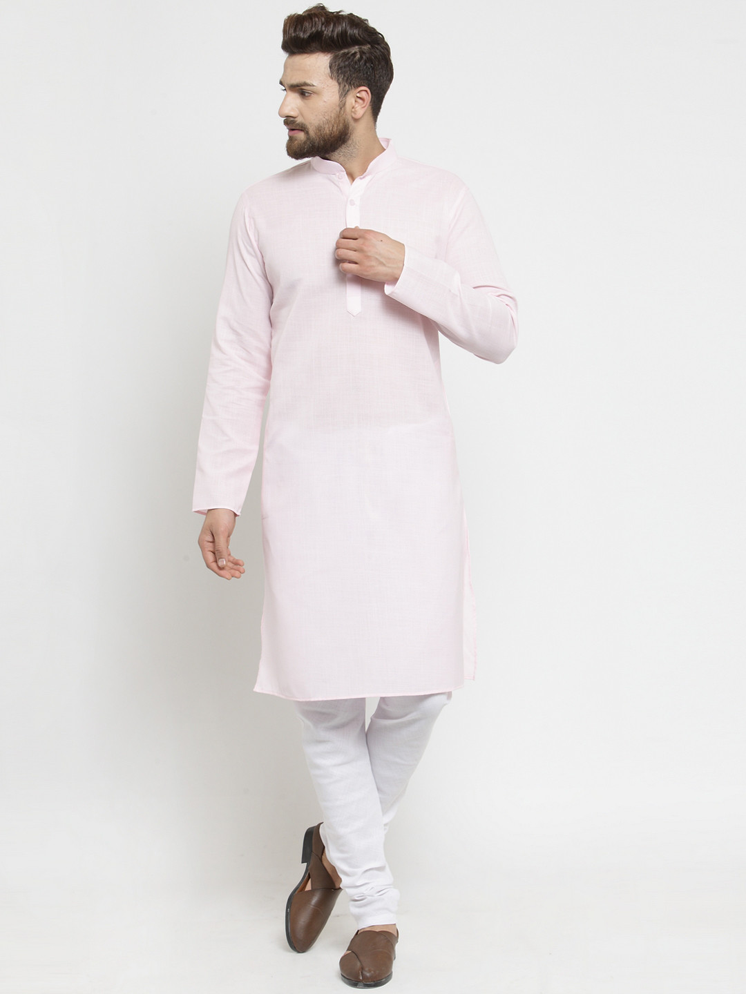 TREEMODA Men Pink Solid Straight Linen Kurta