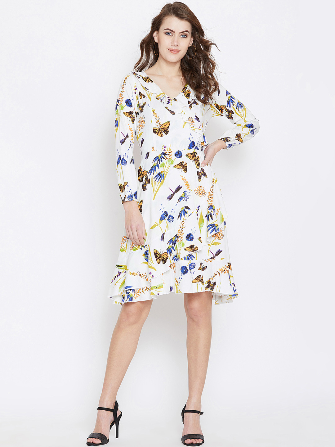 Berrylush Women White & Blue Butterfly Printed Wrap Dress