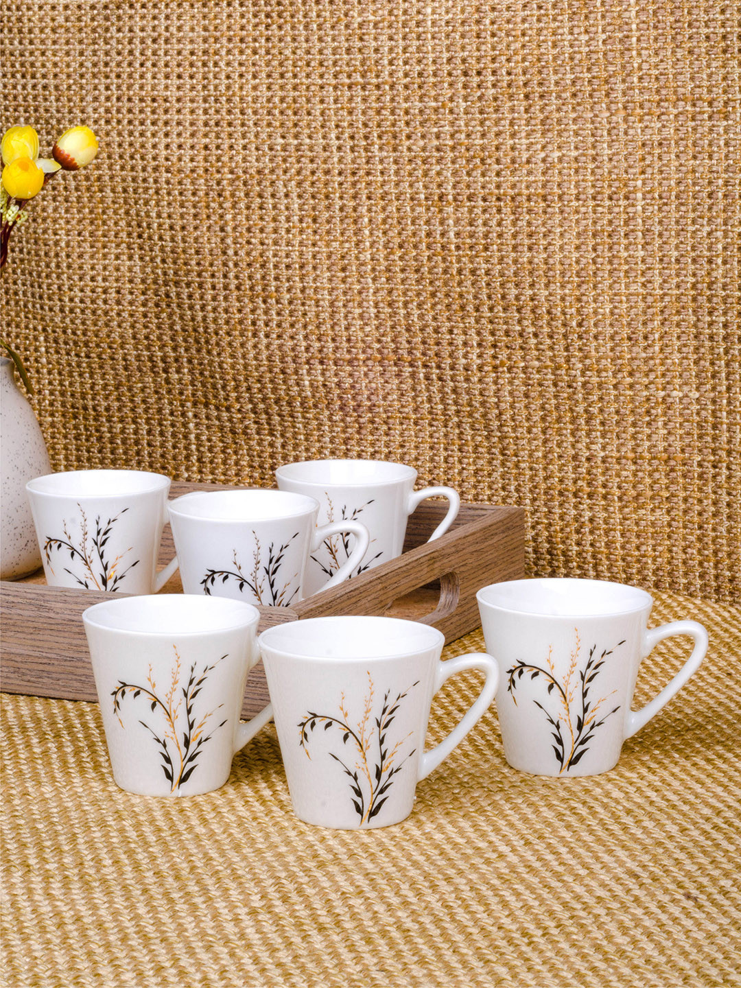 SONAKI White Leaf Bone China Microwave Safe 6 Piece Mugs-100ml