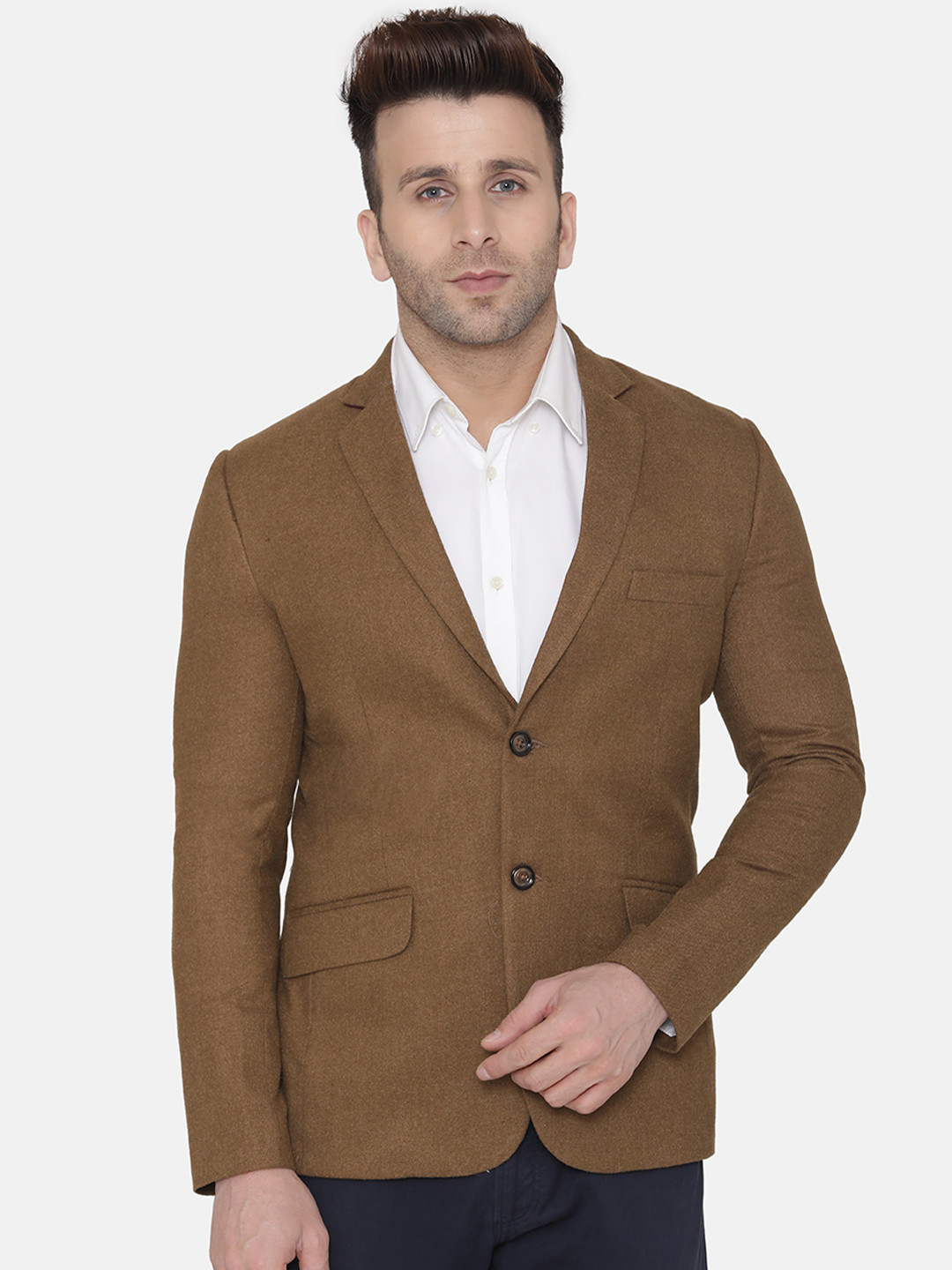 Wintage Men Khaki Brown Solid Regular-Fit Single-Breasted Woollen Blazer
