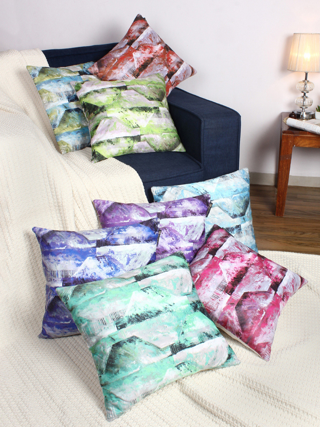 ROMEE Multicoloured Abstract Polyester HD Digital 8 Piece Square Cushion Covers -16x16In