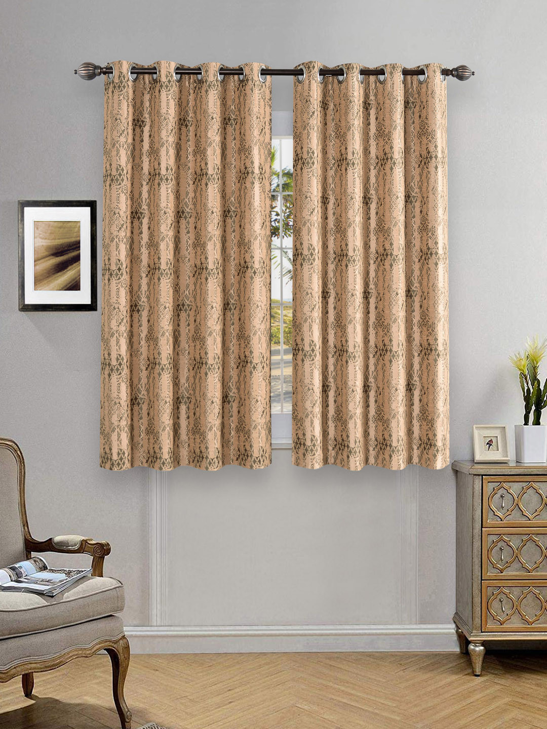Deco Window Peach-Coloured & Black Set of 2 Window Curtains
