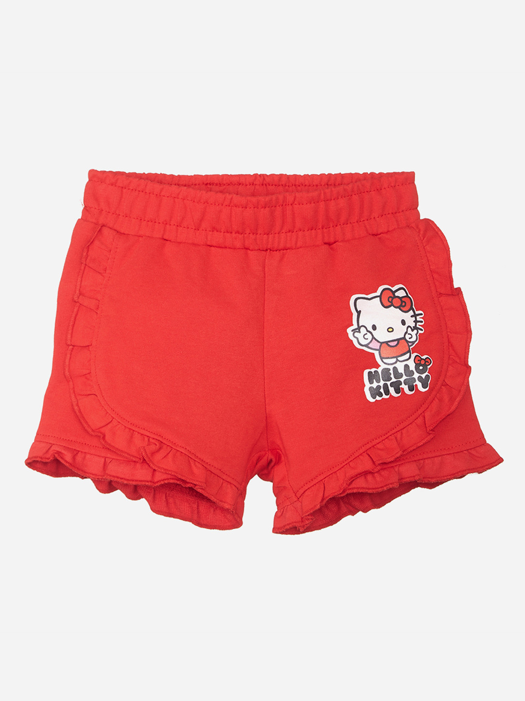 Kids Ville Girls Red Regular Fit Solid Ruffled Shorts With Hello Kitty Print Detail