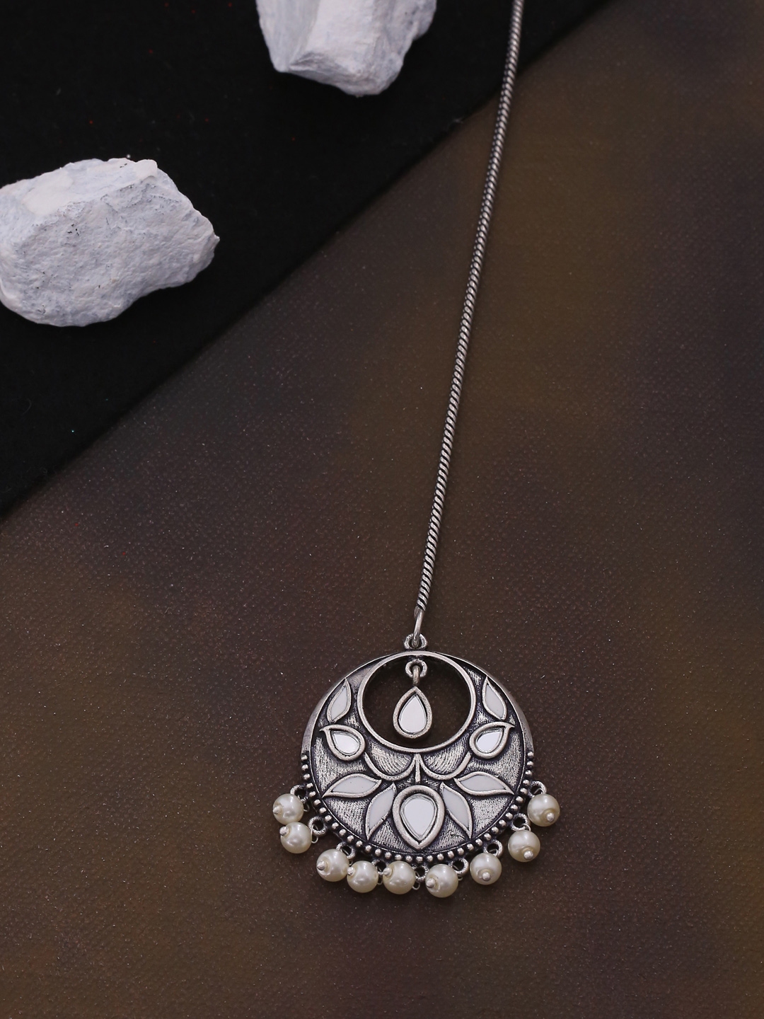 Buy Voylla Women Oxidised Silver Plated White Pearl Beaded Maang
