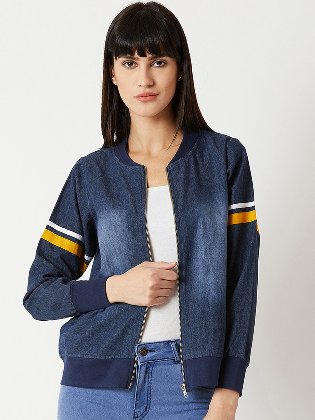 Miss Chase Women Navy Blue Solid Denim Bomber