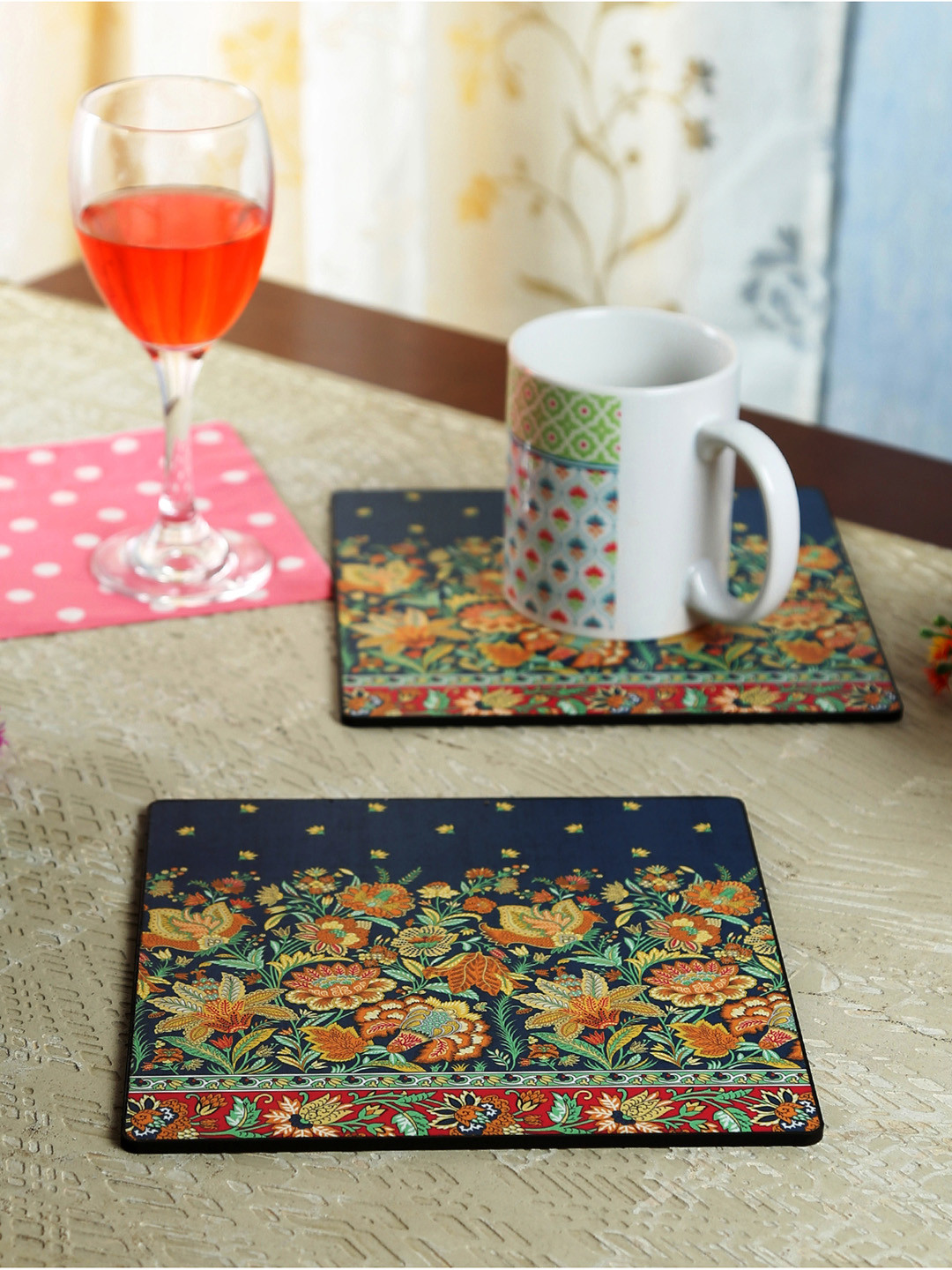 Reinvention Factory Set of 4 Navy Blue & Yellow Printed Wood Coaster