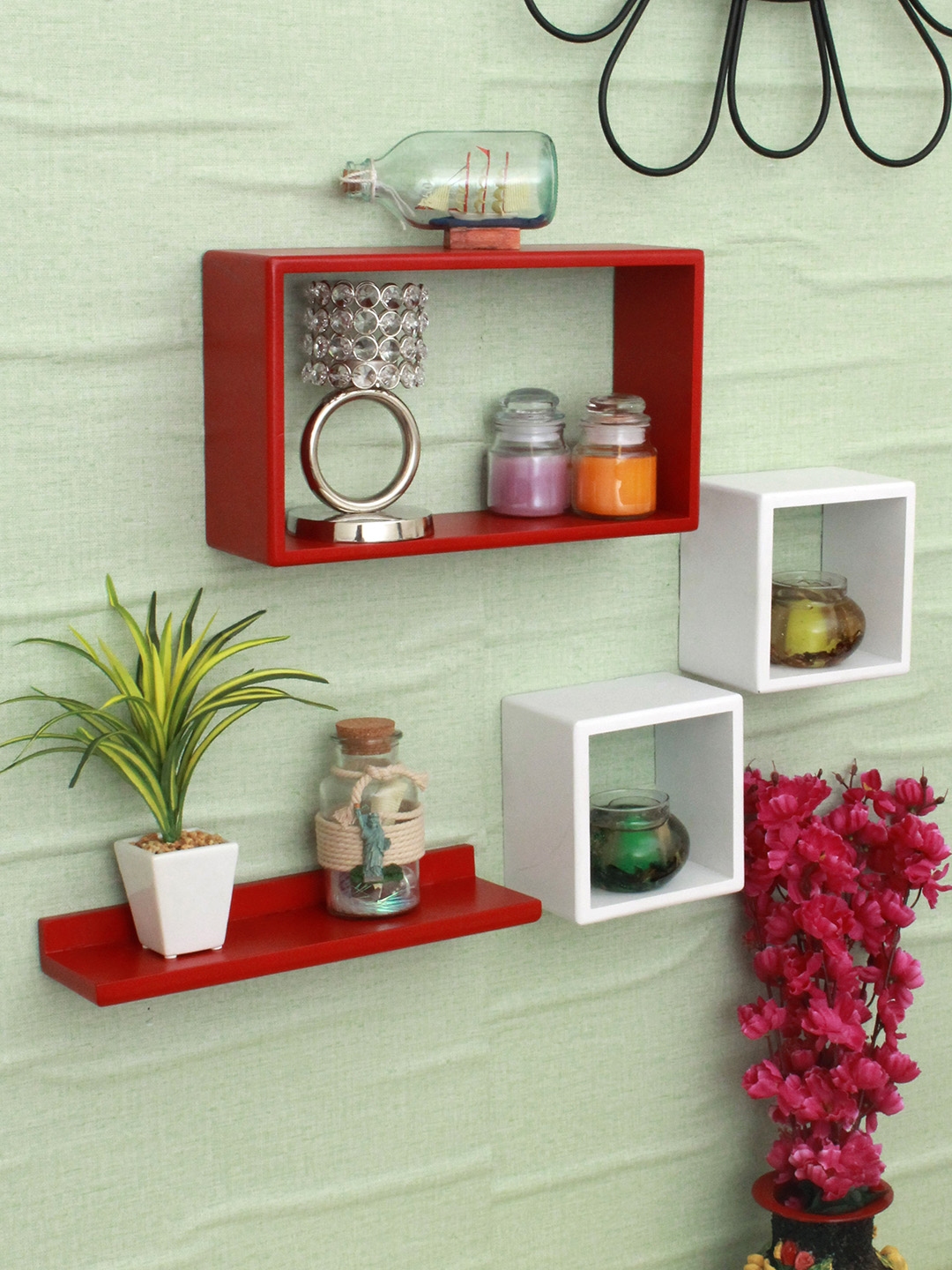 Home Sparkle Red White MDF Set Of 4 Wall Shelves