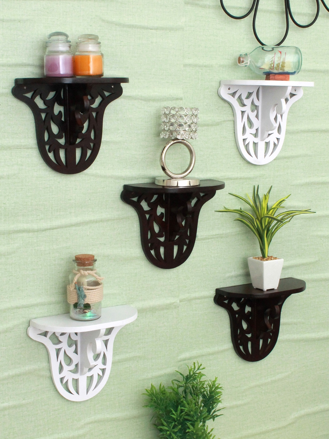 Home Sparkle Brown   White Set of 5 MDF Carved Wall Shelves