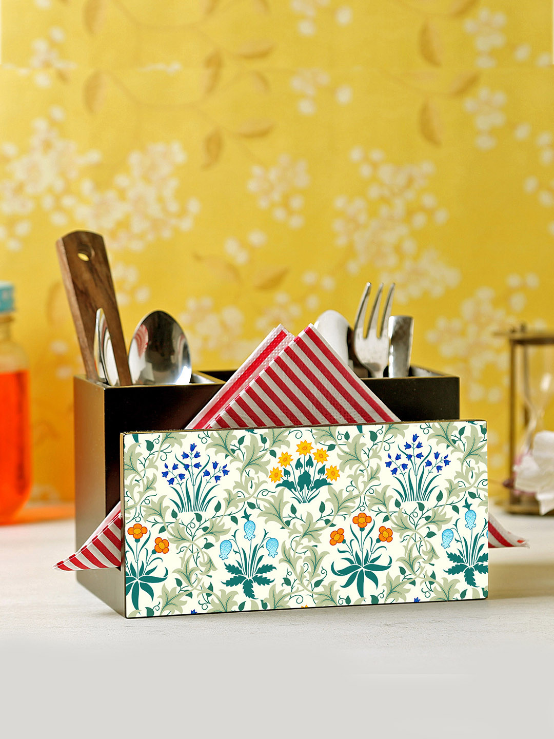 Reinvention Factory Black & White Printed Wooden Cutlery & Tissue Holder