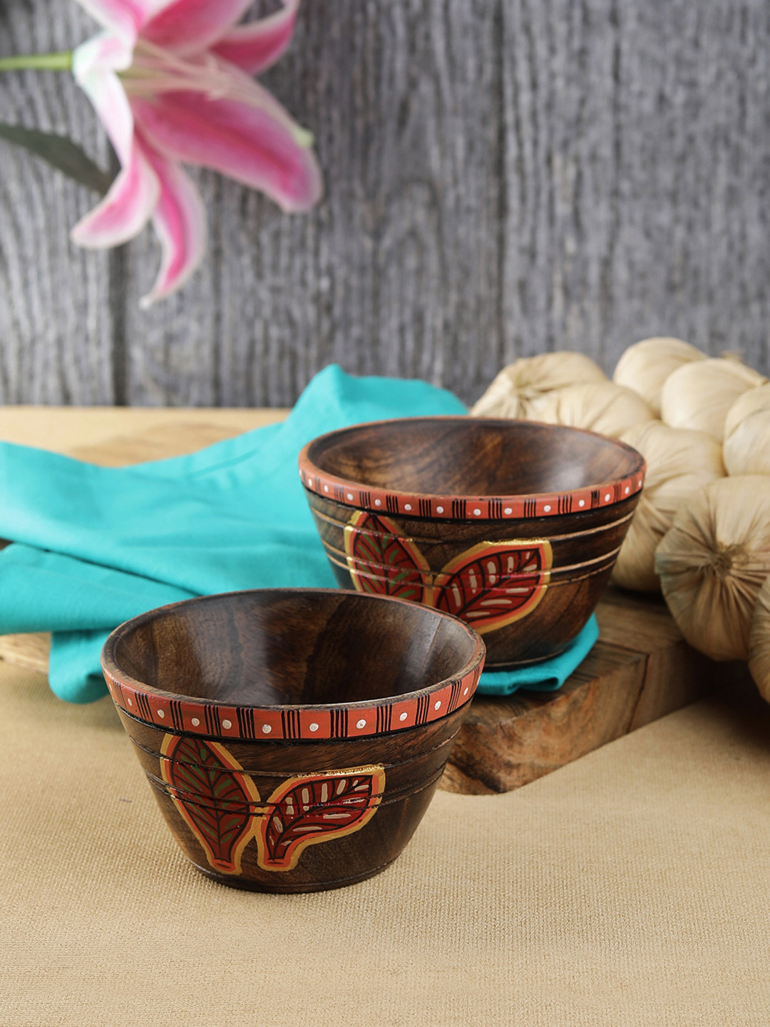 VarEesha Set Of 2 Brown Printed Wood Bowls Set