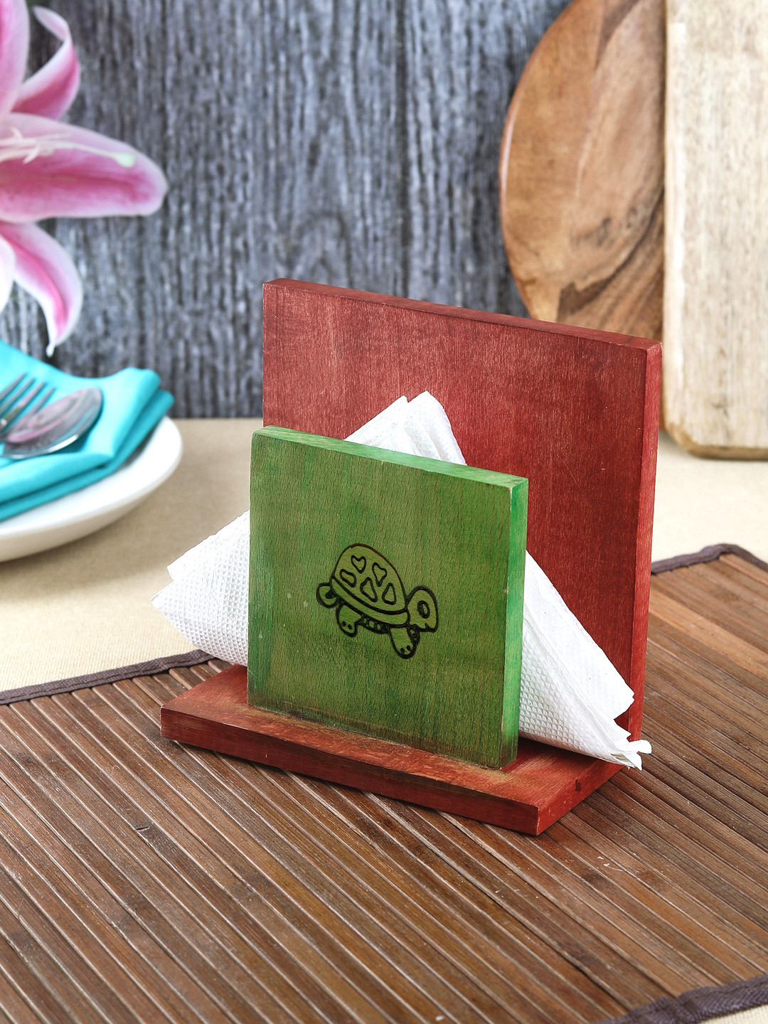VarEesha Red Printed Beech Wooden Tissue Holder