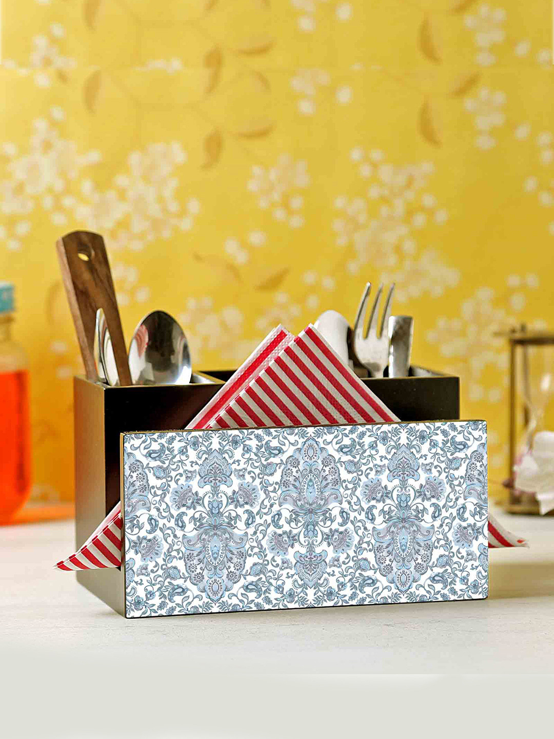 Reinvention Factory Black & Grey Printed Wooden Cutlery & Tissue Holder