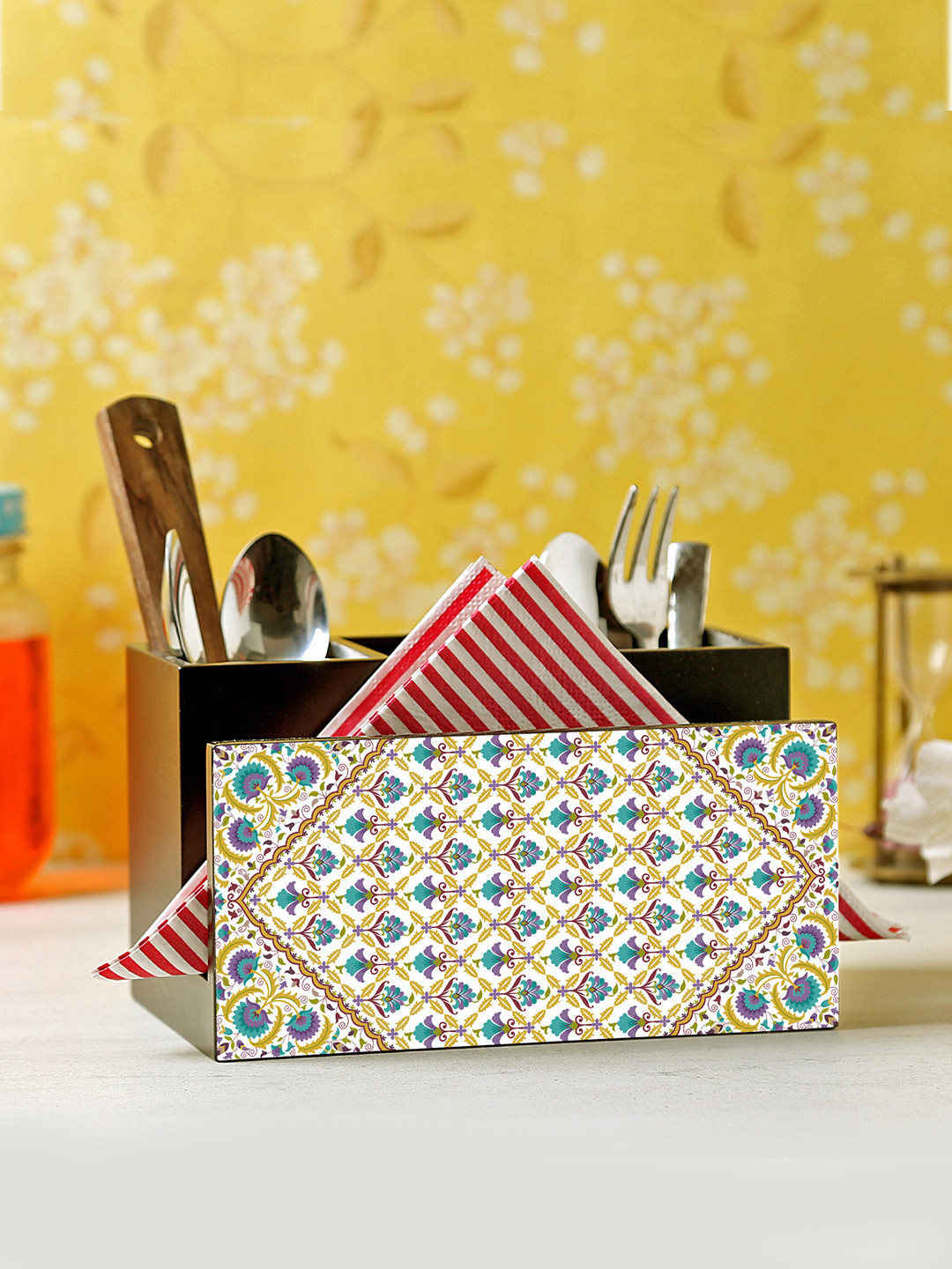 Reinvention Factory Black & White Printed Wooden Cutlery & Tissue Holder